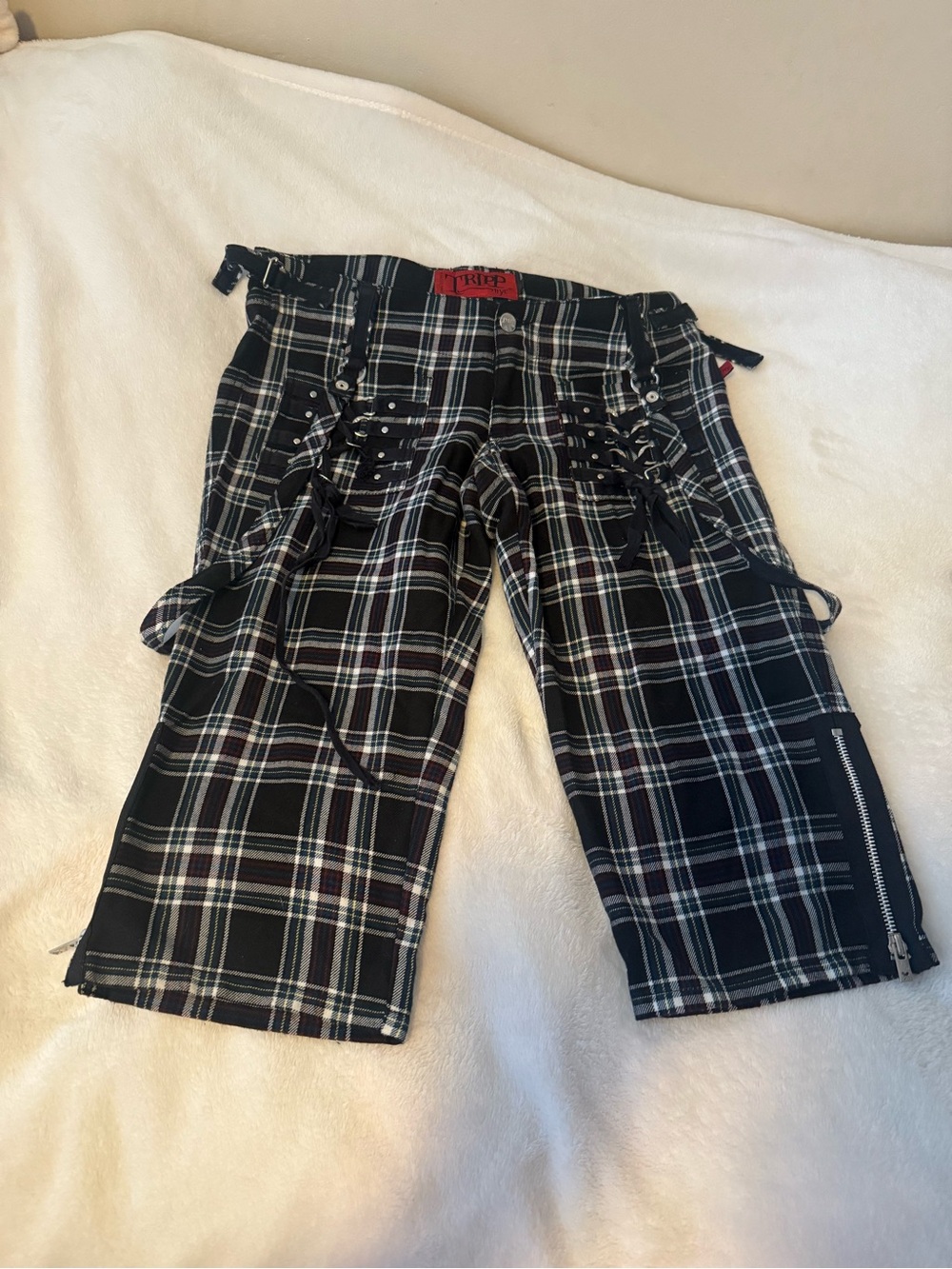 Vintage Tripp Black Plaid Cargo women’s Bottoms with Stud & Strap Details